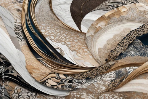 close up of a decoration, Design an artwork that combines the textures of silk, marble, and fine lace to create a sense of opulence and delicacy in an abstract form.