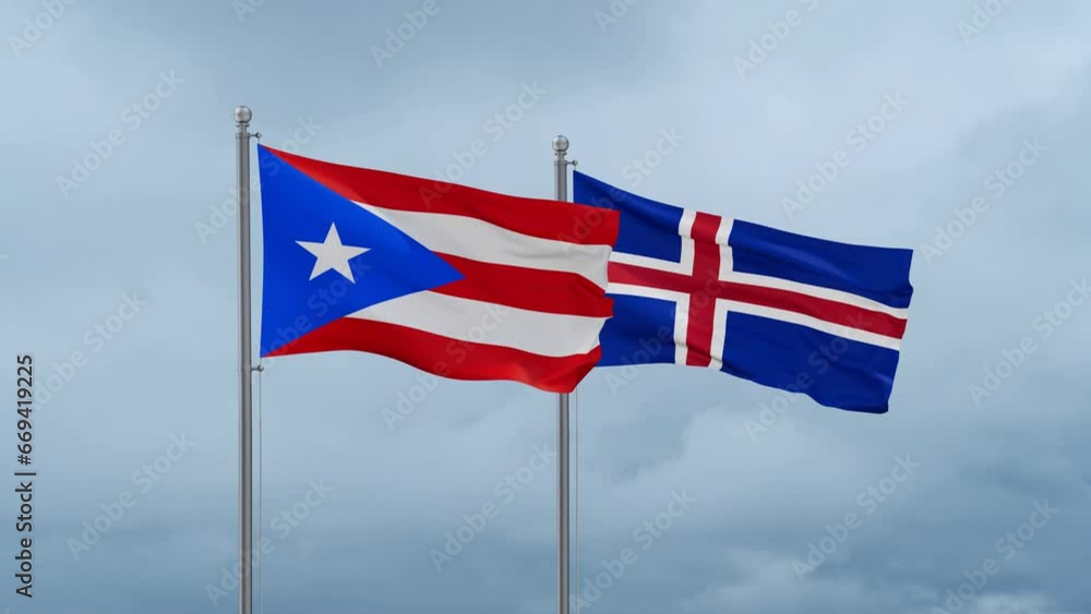 Iceland and Puerto Rico flag waving together on cloudy sky, endless seamless loop, two country cooperation concept Iceland and Puerto Rico flag waving together on cloudy sky, endless seamless loop, two country cooperation concept
