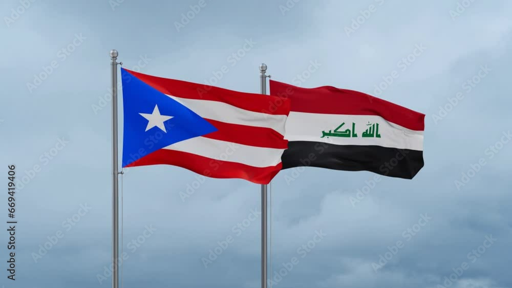 Iraq flag and Puerto Rico flag waving together on blue sky, looped video Iraq flag and Puerto Rico flag waving together on blue sky, looped video