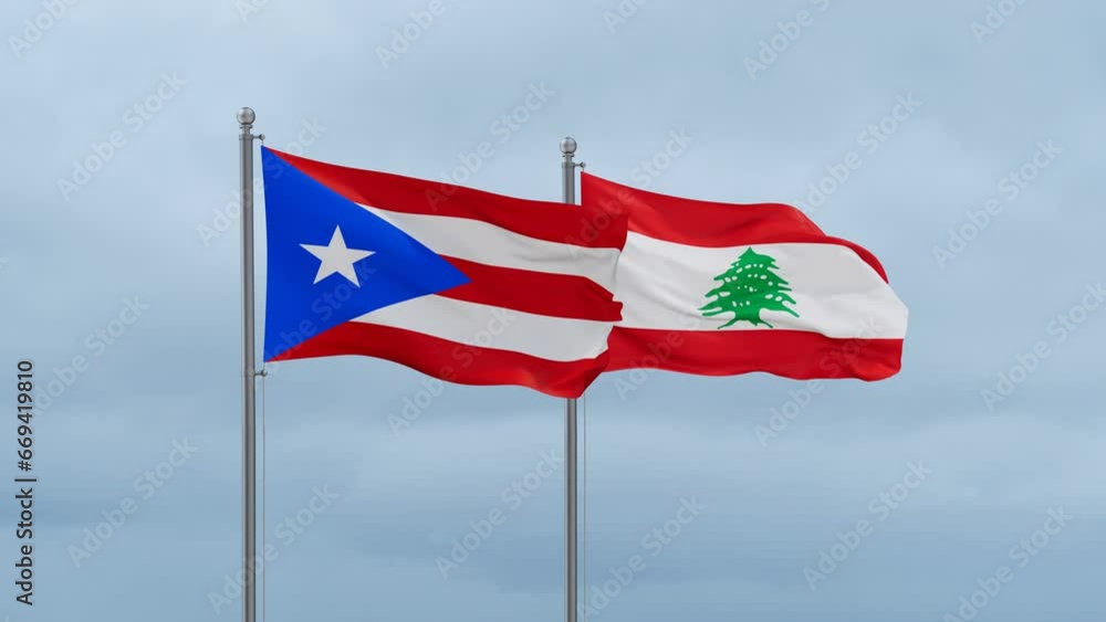 Lebanon flag and Puerto Rico flag waving together on cloudy sky, endless seamless loop, two country relations concept Lebanon flag and Puerto Rico flag waving together on cloudy sky, endless seamless loop, two country relations concept