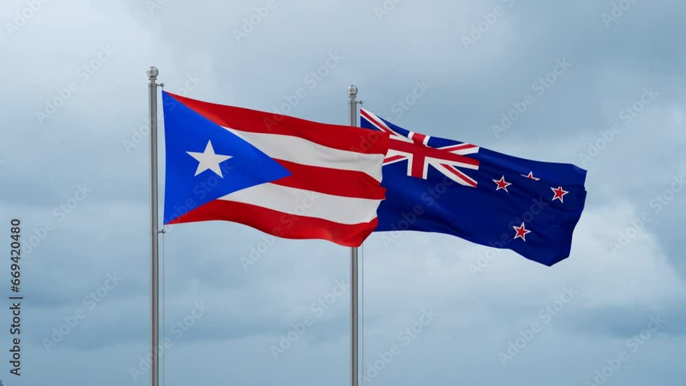 New Zealand and Puerto Rico flag waving together on cloudy sky, endless seamless loop, two country cooperation concept New Zealand and Puerto Rico flag waving together on cloudy sky, endless seamless loop, two country cooperation concept