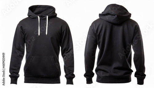 Set of Black front and back view tee hoodie hoody sweatshirt on white background cutout. Mockup template for artwork graphic design