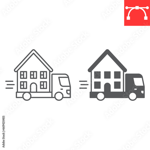 Moving house line and glyph icon, truck and shipping, moving home vector icon, vector graphics, editable stroke outline sign, eps 10.