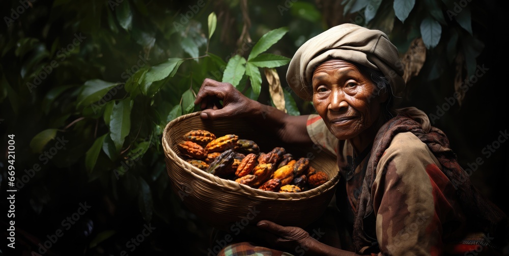 An elderly oriental woman collects cocoa babas in a basket from the banner trees