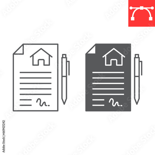 Lease contract line and glyph icon, real estate and signature, house agreement vector icon, vector graphics, editable stroke outline sign, eps 10.