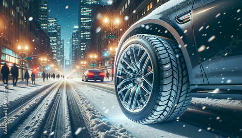 雪の降る年の瀬の街中をスタッドレスタイヤで安全に走る車両 © WATA3