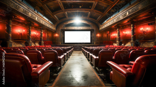 Luxury cinema with blank screen and red seats