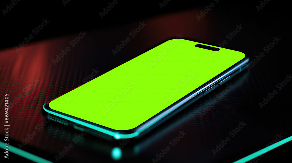 Green Screen futuristic mobile phone on a desk with cyber punk futuristic neon lighting and dark background, suitable for mock up edit. Generative AI Green Screen futuristic mobile phone on a desk with cyber punk futuristic neon lighting and dark background, suitable for mock up edit. Generative AI