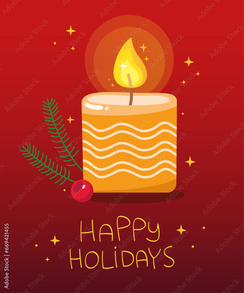 Naklejka premium Greeting card for Christmas and New Year. Burning gold candle on a red background. The inscription 