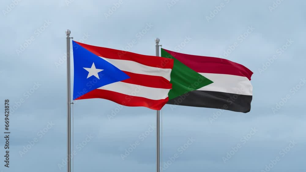 Sudan and Puerto Rico flag waving together on cloudy sky, endless seamless loop, two country cooperation concept Sudan and Puerto Rico flag waving together on cloudy sky, endless seamless loop, two country cooperation concept