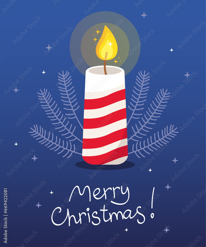Greeting card for Christmas and New Year. Burning Christmas candle with white fir branches on a blue background. White and red striped candle. The inscription Greeting card for Christmas and New Year. Burning Christmas candle with white fir branches on a blue background. White and red striped candle. The inscription