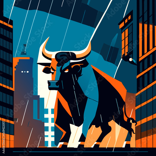 Bull on the background of the city. Vector illustration. Stock image. AI generated