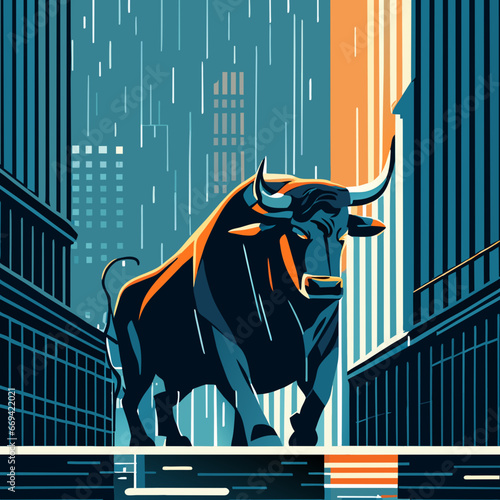 Bull in the city. Bull in the city. Vector illustration. Generative AI