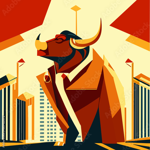 Bull in the city. Bull is a symbol of the year 2021. Vector illustration generative AI