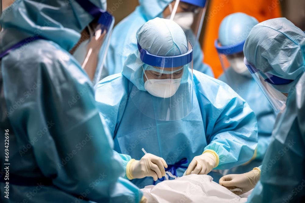 A medical professionals in personal protective equipment (PPE) attending to patients and performing surgery during a pandemic A medical professionals in personal protective equipment (PPE) attending to patients and performing surgery during a pandemic