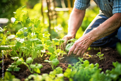 Close up view of a elderly man s hands tending to a garden plot