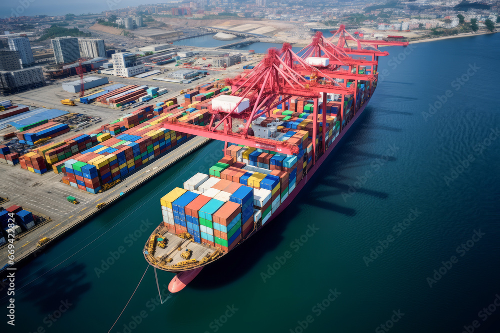 Aerial view on a massive cargo ship docked at a bustling port, with towering stacks of colorful shipping containers, illustrating the magnitude of global cargo transport