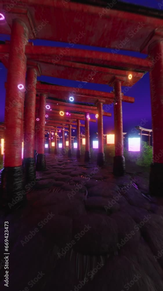 Red torii gate with neon lights, glowing lanterns, stone path, twilight ambiance Red torii gate with neon lights, glowing lanterns, stone path, twilight ambiance