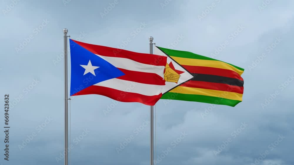 Zimbabwe and Puerto Rico flag waving together on cloudy sky, endless seamless loop, two country cooperation concept Zimbabwe and Puerto Rico flag waving together on cloudy sky, endless seamless loop, two country cooperation concept