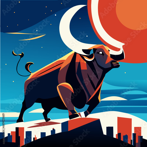 Vector illustration of a bull on the background of the night sky. Generative AI