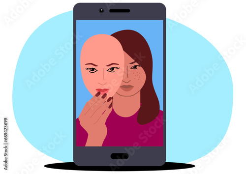 Clip art of a woman holding a mask on a social media profile, dissemblance, beauty filter app