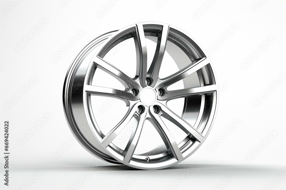 A gleaming modern wheel standing alone against a white background. Generative AI