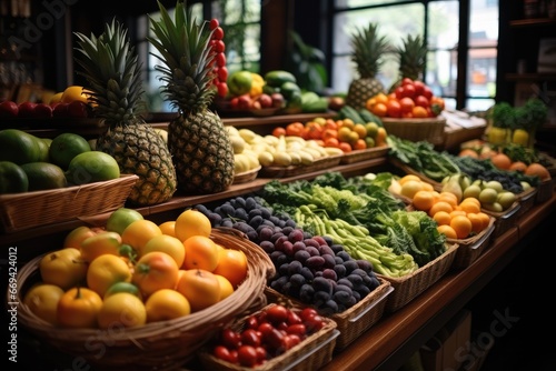A lots of fruits and vegetables in a store. © visoot