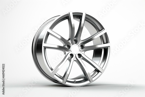 A gleaming modern wheel standing alone against a white background. Generative AI © Yseult