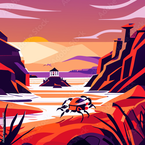 Coastal landscape with red rocks, sea and lighthouse at sunset, flat vector illustration AI Generated