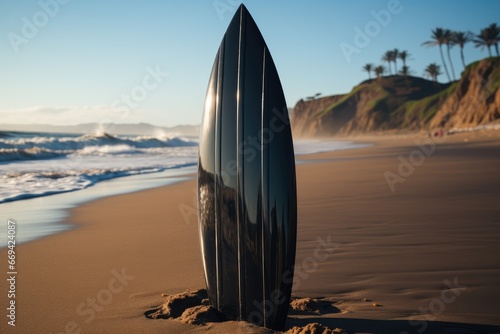 A plastic black surf fin on beach. photo