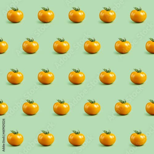 Organic natural Yellow Tomato vegetable seamless photo pattern on a solid color background