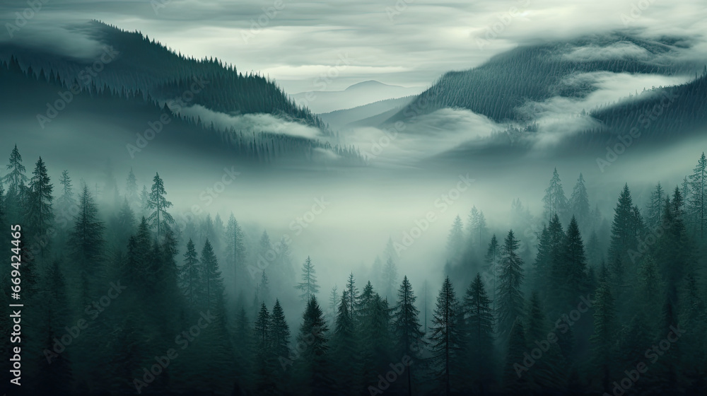 Moody forest landscape with fog. forest mountain landscape 