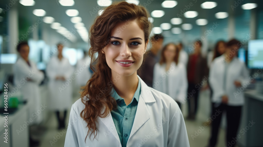 Portrait of smiling woman scientist in modern Medical Science Laboratory with Team of Specialists on background. Portrait of smiling woman scientist in modern Medical Science Laboratory with Team of Specialists on background.