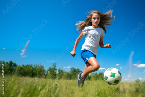 A young girl playing soccer in a field of green, under a sky of blue © VIJAI
