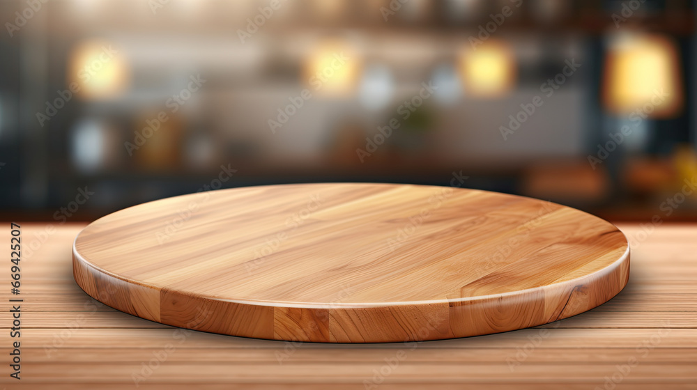 rounded wooden board on a wooden table in blurred bright kitchen. product display podium for product presentation