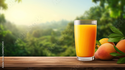 mango juice is in a glass on a wooden table