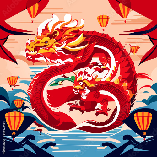 Chinese dragon on the background of the sea with lanterns. Vector illustration AI Generated