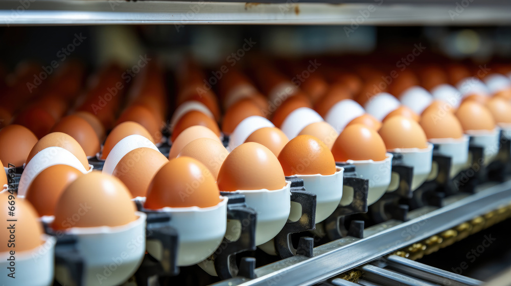 Production of eggs on conveyor belt in factory,