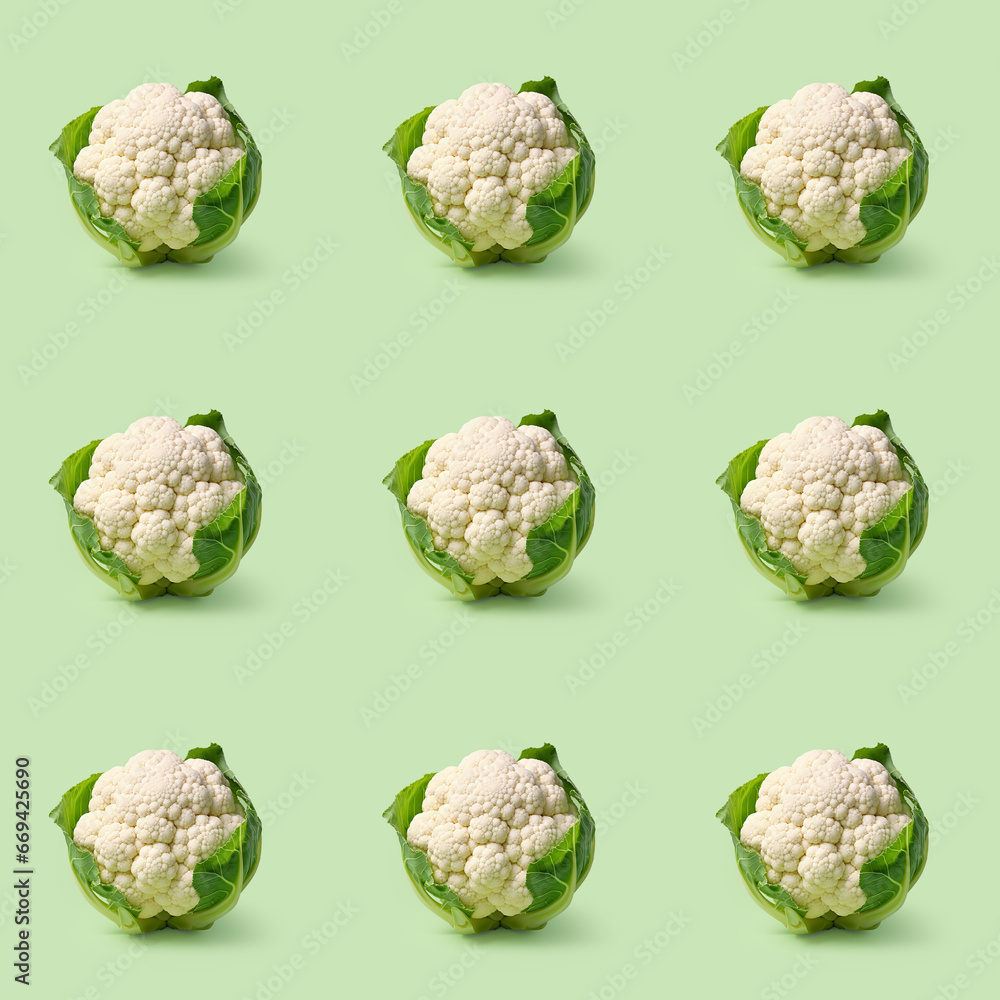 Organic natural Cauliflower vegetable seamless photo pattern on a solid color background Organic natural Cauliflower vegetable seamless photo pattern on a solid color background