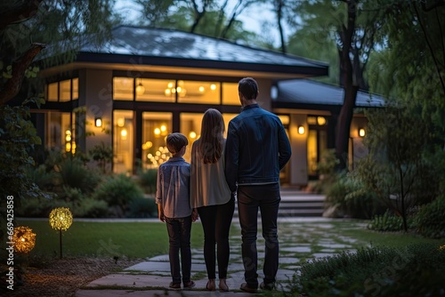 A young family with a small child stands on the threshold of their house in the evening. Generated by AI. photo
