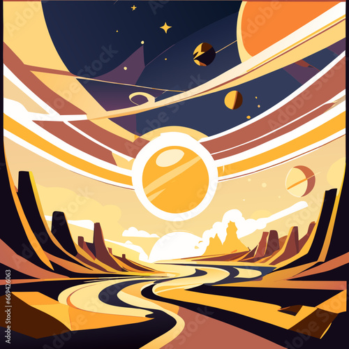 Night landscape with road, moon and stars. Vector illustration in flat style AI generated