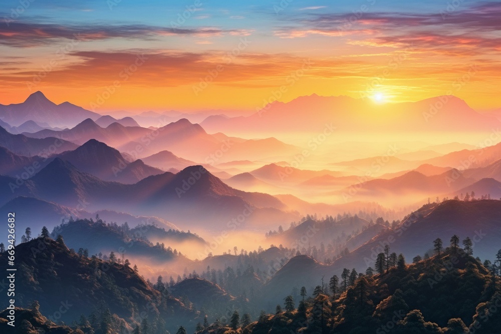 Scenic landscape of misty mountains amidst vibrant sunrise sky during summer. Generative AI