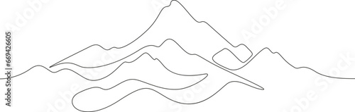 The top of the mountain range. Beautiful mountain landscape. High mountain peak. One continuous line drawing. Linear. Hand drawn, white background.