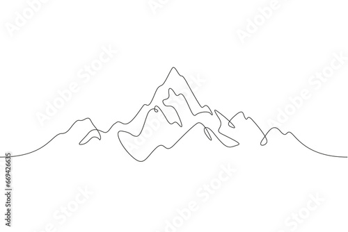 The top of the mountain range. Beautiful mountain landscape. High mountain peak. One continuous line drawing. Linear. Hand drawn, white background.