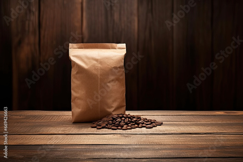 blank paper coffee bag mockup on wooden table