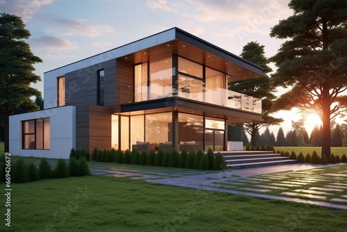 Modern-style two-story house with a cozy, luxury exterior set against a scenic dawn backdrop and a well-maintained lawn. Generative AI © Jacob