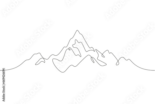 The top of the mountain range. Beautiful mountain landscape. High mountain peak. One continuous line drawing. Linear. Hand drawn, white background.