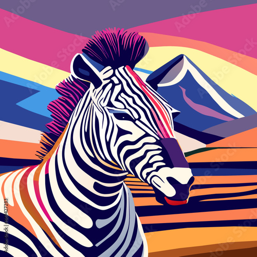 Zebra in the background of the image of the mountains. Vector illustration Generative AI
