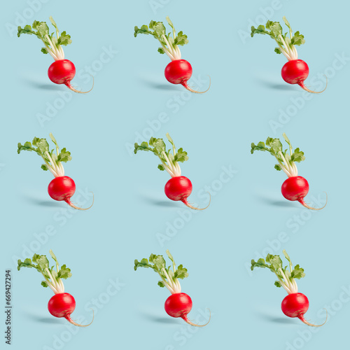 Organic natural Radish vegetable seamless photo pattern on a solid color background