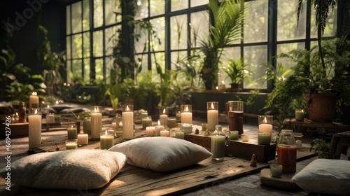 A large spa room with many candles and plants.